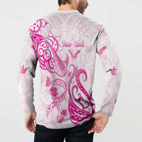 Personalised Breast Cancer Awareness Button Sweatshirt Ribbon Polynesian Pattern White Version