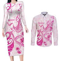 Personalised Breast Cancer Awareness Couples Matching Long Sleeve Bodycon Dress and Long Sleeve Button Shirt Ribbon Polynesian Pattern White Version