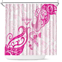 Breast Cancer Awareness Shower Curtain Ribbon Polynesian Pattern White Version
