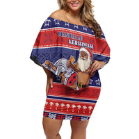 Samoa Christmas Family Matching Off Shoulder Short Dress and Hawaiian Shirt Samoan Santa Claus Manuia Le Kerisimasi LT05 Mom's Dress Blue - Polynesian Pride