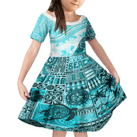Hawaiian Tapa Family Matching Off Shoulder Maxi Dress and Hawaiian Shirt Traditional Vintage Pattern Aqua LT05 Daughter's Dress Aqua - Polynesian Pride
