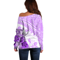 Hawaiian Tapa Off Shoulder Sweater Traditional Vintage Pattern Violet LT05 - Polynesian Pride