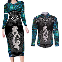 New Zealand Aotearoa Couples Matching Long Sleeve Bodycon Dress and Long Sleeve Button Shirt Maori Taniwha Paua Shell