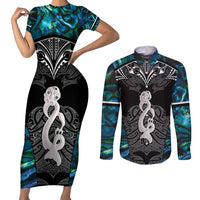 New Zealand Aotearoa Couples Matching Short Sleeve Bodycon Dress and Long Sleeve Button Shirt Maori Taniwha Paua Shell