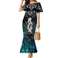 New Zealand Aotearoa Family Matching Mermaid Dress and Hawaiian Shirt Maori Taniwha Paua Shell LT05 Mom's Dress Black - Polynesian Pride