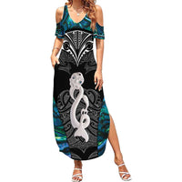 New Zealand Aotearoa Family Matching Summer Maxi Dress and Hawaiian Shirt Maori Taniwha Paua Shell LT05 Mom's Dress Black - Polynesian Pride