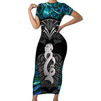 New Zealand Aotearoa Short Sleeve Bodycon Dress Maori Taniwha Paua Shell LT05 Long Dress Black - Polynesian Pride