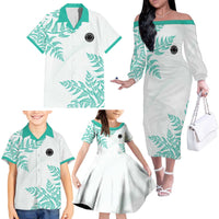 Custom New Zealand Football Family Matching Off The Shoulder Long Sleeve Dress and Hawaiian Shirt Aotearoa Pride Aqua Version - Polynesian Pride