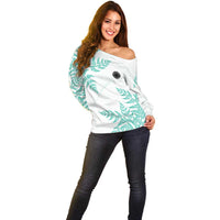 Custom New Zealand Football Off Shoulder Sweater Aotearoa Pride Aqua Version - Polynesian Pride