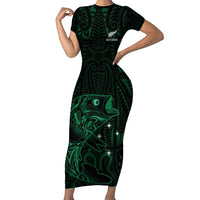 Custom New Zealand Fishing Short Sleeve Bodycon Dress Maori Tribal Pattern - Polynesian Pride