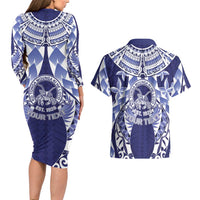 Personalised Tonga Queen Salote College Couples Matching Long Sleeve Bodycon Dress and Hawaiian Shirt Centenary Navy Version LT05 - Polynesian Pride