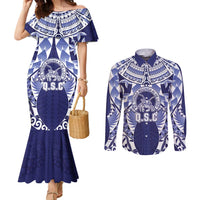 Personalised Tonga Queen Salote College Couples Matching Mermaid Dress and Long Sleeve Button Shirt Centenary Navy Version