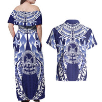 Personalised Tonga Queen Salote College Couples Matching Off Shoulder Maxi Dress and Hawaiian Shirt Centenary Navy Version