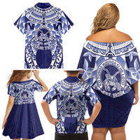 Personalised Tonga Queen Salote College Family Matching Off Shoulder Short Dress and Hawaiian Shirt Centenary Navy Version LT05 - Polynesian Pride