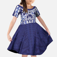 Personalised Tonga Queen Salote College Family Matching Short Sleeve Bodycon Dress and Hawaiian Shirt Centenary Navy Version LT05 Daughter's Dress Navy - Polynesian Pride