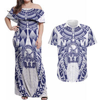 Personalised Tonga Queen Salote College Couples Matching Off Shoulder Maxi Dress and Hawaiian Shirt Centenary White Version