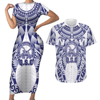 Personalised Tonga Queen Salote College Couples Matching Short Sleeve Bodycon Dress and Hawaiian Shirt Centenary White Version LT05 White - Polynesian Pride