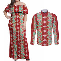Hawaii Ohia Lehua Couples Matching Off Shoulder Maxi Dress and Long Sleeve Button Shirt Tropical Vibes Crimson LT05 Crimson - Polynesian Pride
