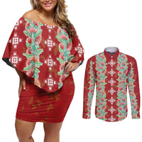 Hawaii Ohia Lehua Couples Matching Off Shoulder Short Dress and Long Sleeve Button Shirt Tropical Vibes Crimson LT05 Crimson - Polynesian Pride