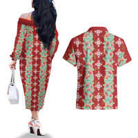 Hawaii Ohia Lehua Couples Matching Off The Shoulder Long Sleeve Dress and Hawaiian Shirt Tropical Vibes Crimson