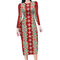 Hawaii Ohia Lehua Family Matching Long Sleeve Bodycon Dress and Hawaiian Shirt Tropical Vibes Crimson LT05 Mom's Dress Crimson - Polynesian Pride