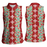 Hawaii Ohia Lehua Women Sleeveless Polo Shirt Tropical Vibes Crimson LT05 - Polynesian Pride