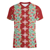 Hawaii Ohia Lehua Women V-Neck T-Shirt Tropical Vibes Crimson LT05 Female Crimson - Polynesian Pride