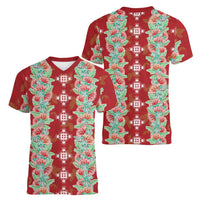 Hawaii Ohia Lehua Women V-Neck T-Shirt Tropical Vibes Crimson LT05 - Polynesian Pride