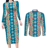 Hawaii Ohia Lehua Couples Matching Long Sleeve Bodycon Dress and Long Sleeve Button Shirt Tropical Vibes Teal LT05 Teal - Polynesian Pride
