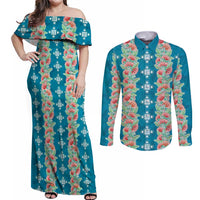 Hawaii Ohia Lehua Couples Matching Off Shoulder Maxi Dress and Long Sleeve Button Shirt Tropical Vibes Teal