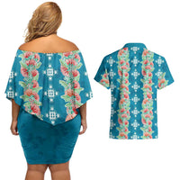 Hawaii Ohia Lehua Couples Matching Off Shoulder Short Dress and Hawaiian Shirt Tropical Vibes Teal LT05 - Polynesian Pride
