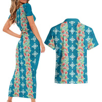 Hawaii Ohia Lehua Couples Matching Short Sleeve Bodycon Dress and Hawaiian Shirt Tropical Vibes Teal
