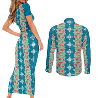 Hawaii Ohia Lehua Couples Matching Short Sleeve Bodycon Dress and Long Sleeve Button Shirt Tropical Vibes Teal LT05 - Polynesian Pride
