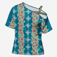 Hawaii Ohia Lehua Cross Shoulder Shirt Tropical Vibes Teal