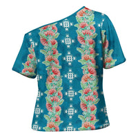Hawaii Ohia Lehua Cross Shoulder Shirt Tropical Vibes Teal