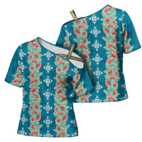 Hawaii Ohia Lehua Cross Shoulder Shirt Tropical Vibes Teal