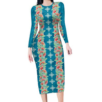 Hawaii Ohia Lehua Family Matching Long Sleeve Bodycon Dress and Hawaiian Shirt Tropical Vibes Teal LT05 Mom's Dress Teal - Polynesian Pride