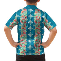 Hawaii Ohia Lehua Family Matching Off The Shoulder Long Sleeve Dress and Hawaiian Shirt Tropical Vibes Teal LT05 - Polynesian Pride