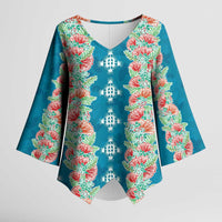 Hawaii Ohia Lehua Kimono Sleeve Blouse Tropical Vibes Teal