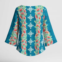 Hawaii Ohia Lehua Kimono Sleeve Blouse Tropical Vibes Teal
