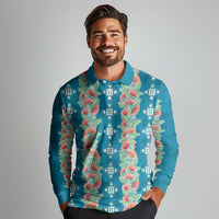 Hawaii Ohia Lehua Long Sleeve Polo Shirt Tropical Vibes Teal