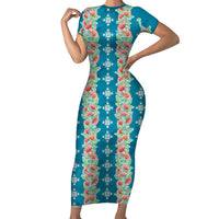Hawaii Ohia Lehua Short Sleeve Bodycon Dress Tropical Vibes Teal