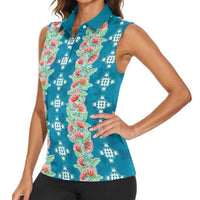 Hawaii Ohia Lehua Women Sleeveless Polo Shirt Tropical Vibes Teal LT05 - Polynesian Pride