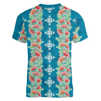 Hawaii Ohia Lehua Women V-Neck T-Shirt Tropical Vibes Teal LT05 - Polynesian Pride