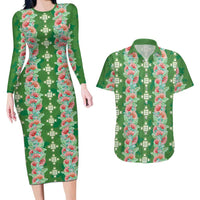 Hawaii Ohia Lehua Couples Matching Long Sleeve Bodycon Dress and Hawaiian Shirt Tropical Vibes Green