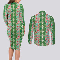 Hawaii Ohia Lehua Couples Matching Long Sleeve Bodycon Dress and Long Sleeve Button Shirt Tropical Vibes Green LT05 - Polynesian Pride