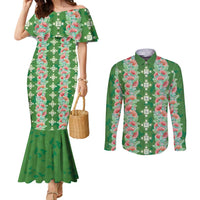 Hawaii Ohia Lehua Couples Matching Mermaid Dress and Long Sleeve Button Shirt Tropical Vibes Green LT05 Green - Polynesian Pride