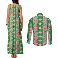 Hawaii Ohia Lehua Couples Matching Tank Maxi Dress and Long Sleeve Button Shirt Tropical Vibes Green LT05 - Polynesian Pride