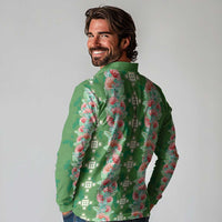 Hawaii Ohia Lehua Long Sleeve Polo Shirt Tropical Vibes Green