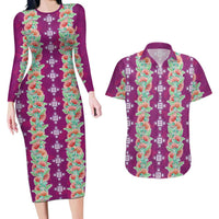 Hawaii Ohia Lehua Couples Matching Long Sleeve Bodycon Dress and Hawaiian Shirt Tropical Vibes Fuchsia